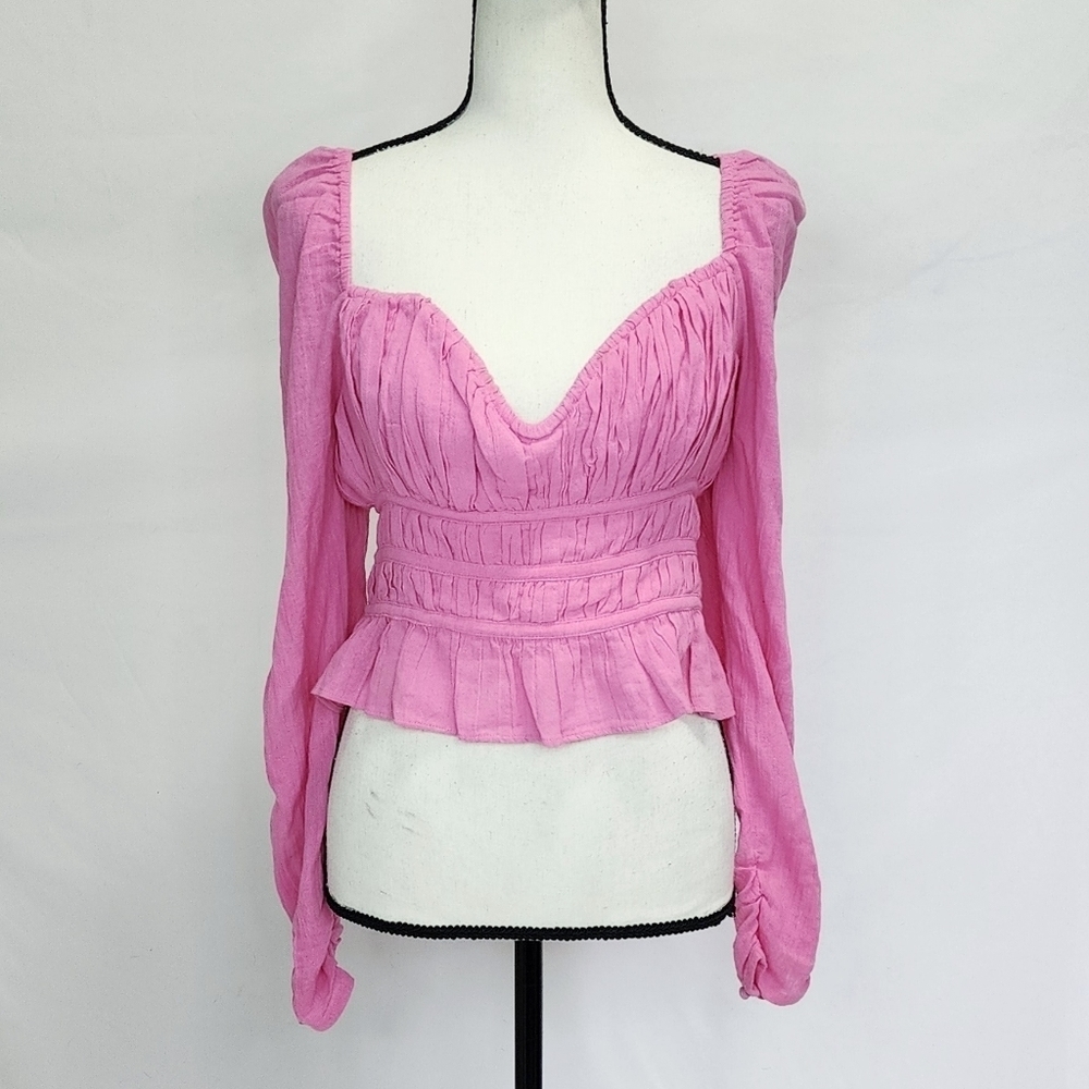 Free People Smocked Sweetheart Neck Long Puff Sleeve Peplum Top - Picture 2 of 6